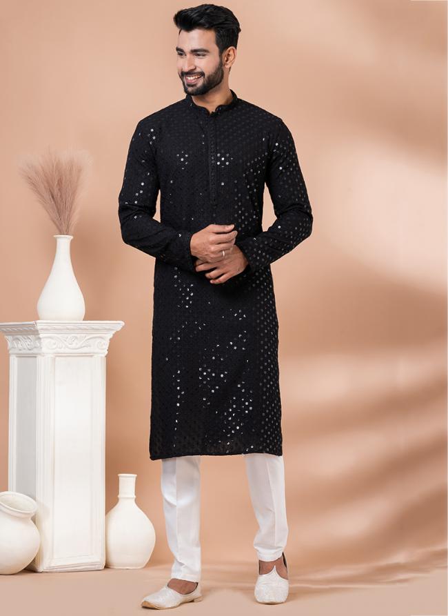 Viscose Rayon Black Traditional Wear Embroidery Work Kurta Pajama